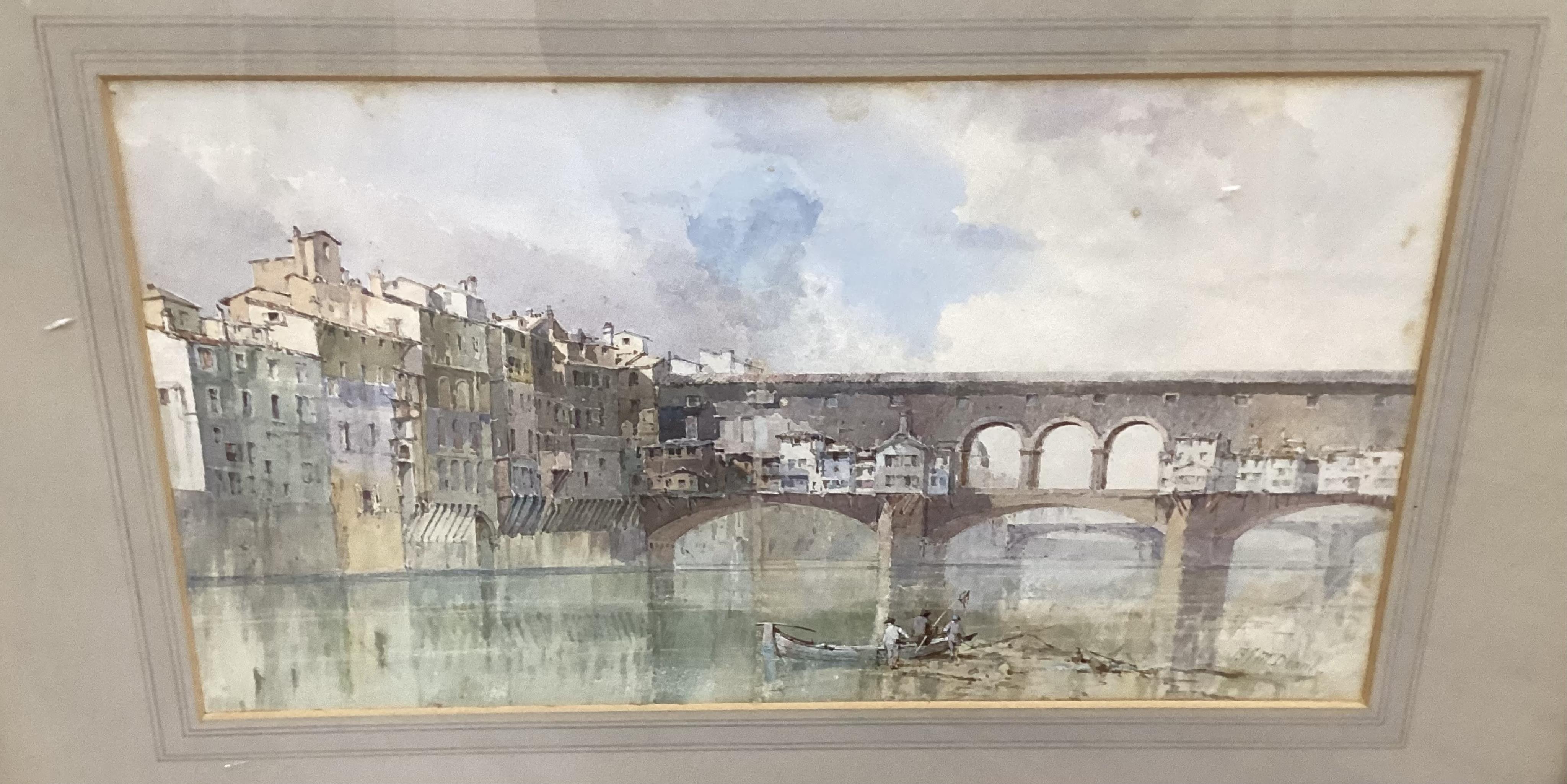 Benjamin John Merifield Donne (1831-1928) Continental riverscape with bridge, signed, watercolour, 19 x 36cm
